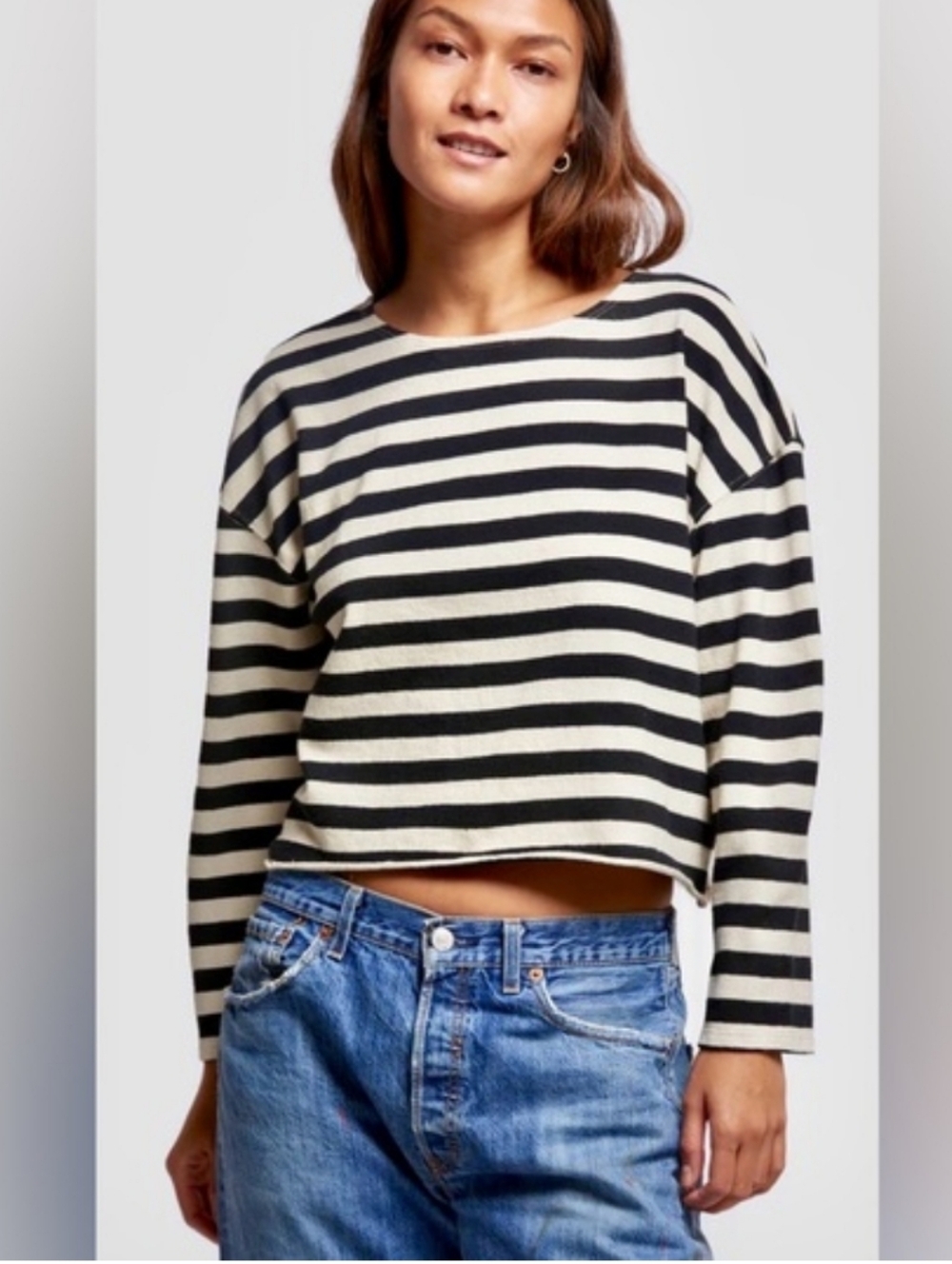 NWT perfectwhitetee Cream & Chocolate Cropped Striped Long Sleeve Top MED